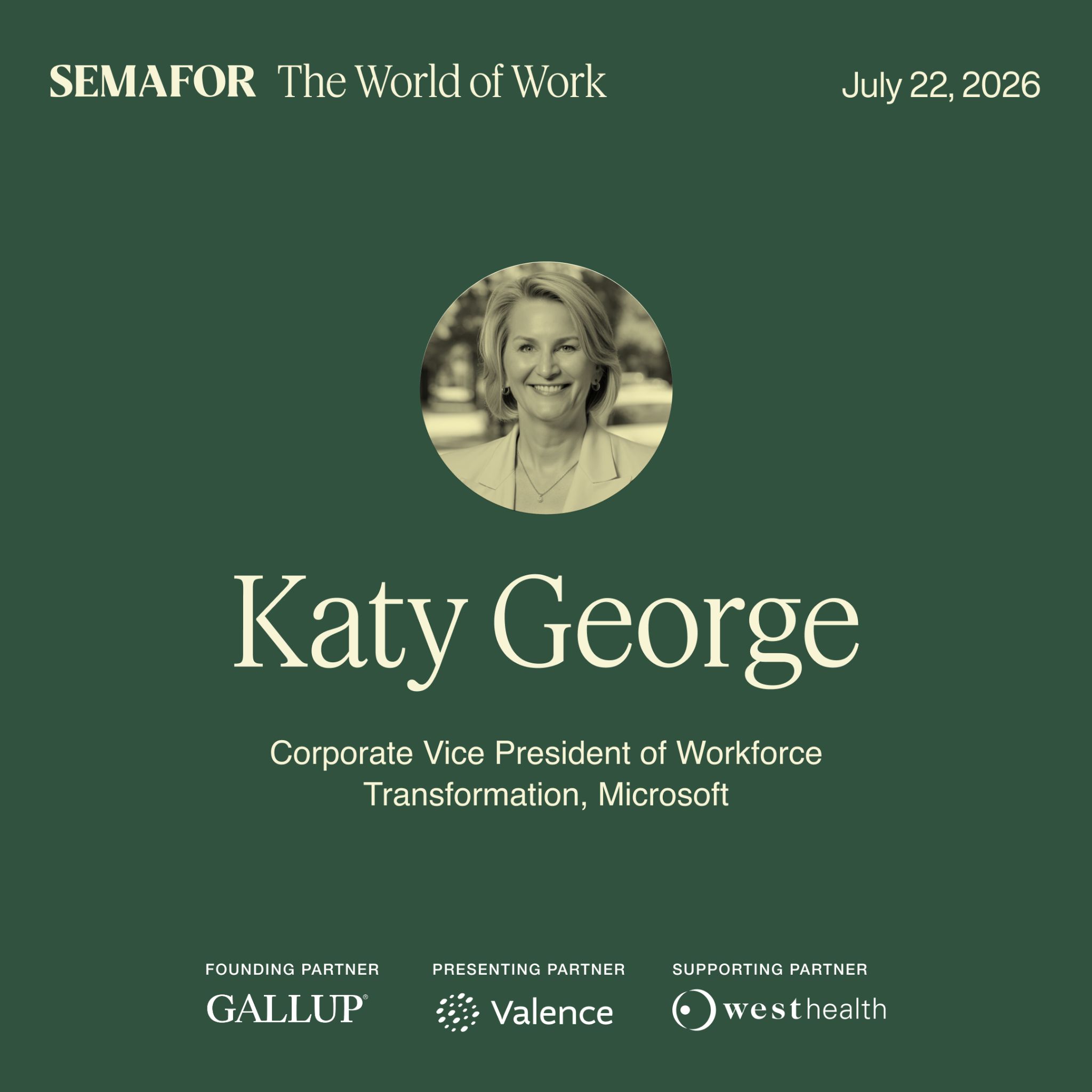 A graphic showing Katy George.