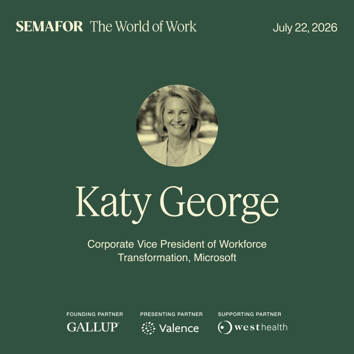 A graphic showing Katy George.