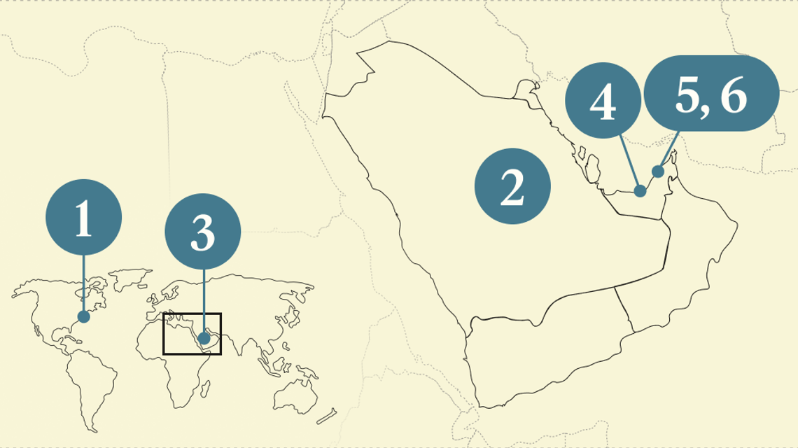 A numbered map of the Gulf.