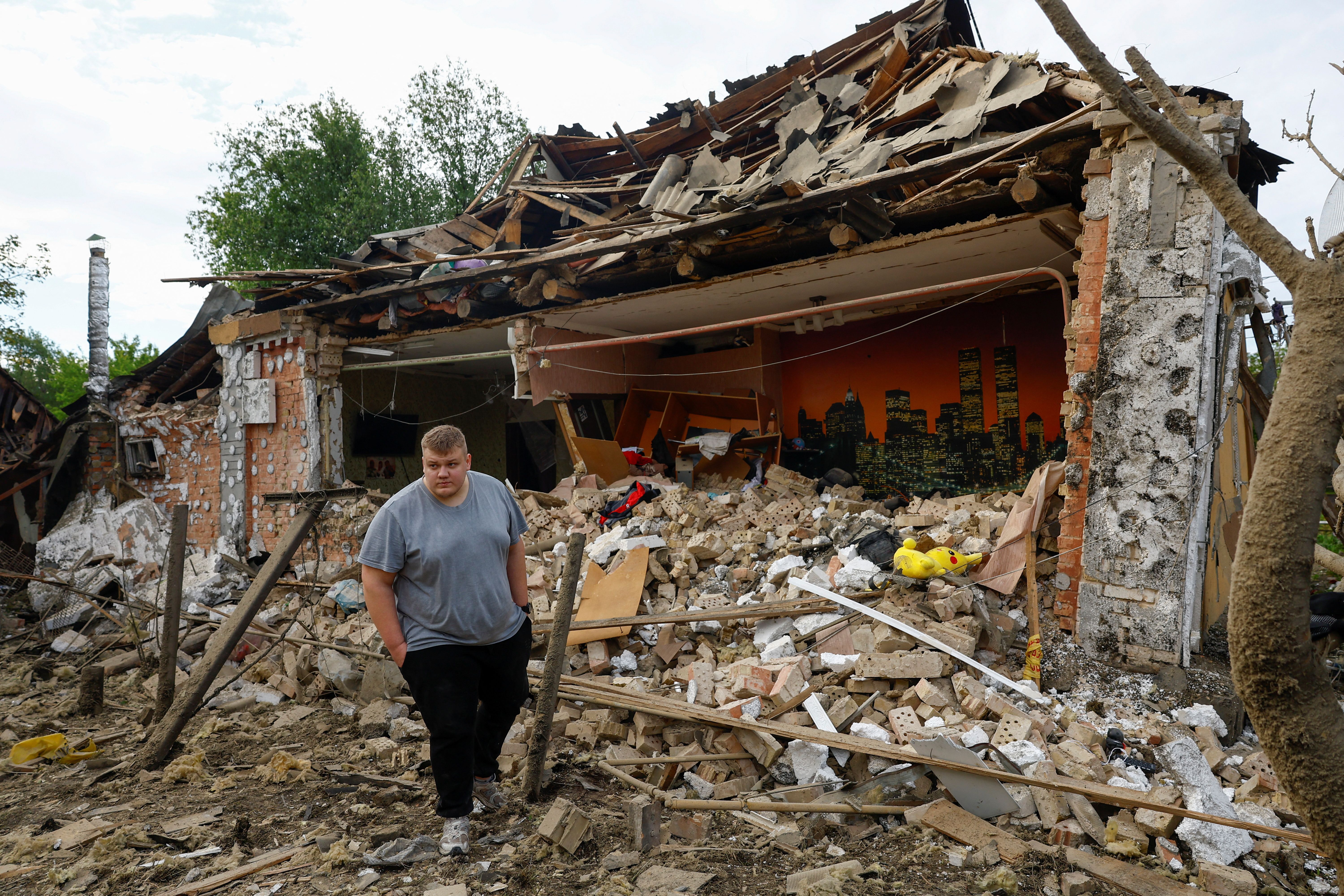 Destruction from a Russian drone strike outside of Kyiv