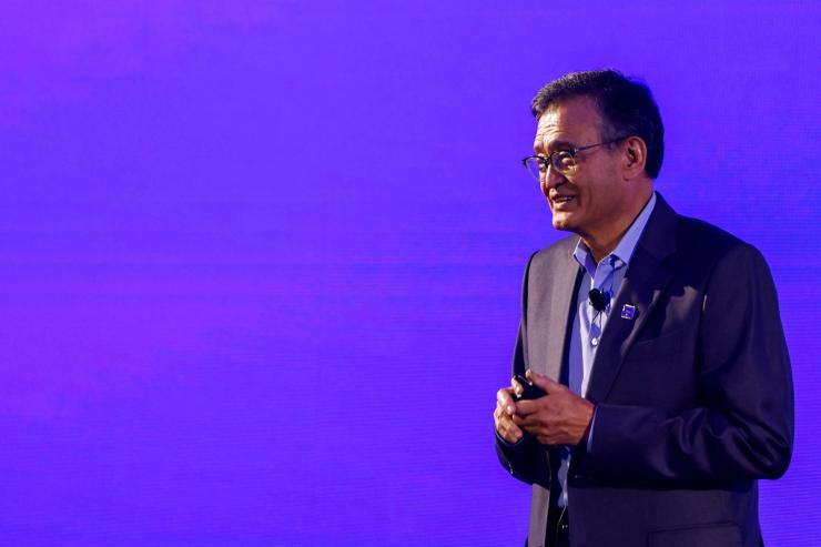 Intel CEO Lip-Bu Tan makes a speech on stage in Taipei, Taiwan