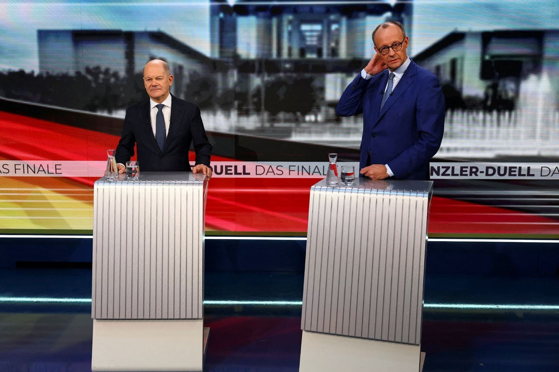 German Chancellor Olaf Scholz and his main challenger Friedrich Merz participate in a TV debate. German Chancellor Olaf Scholz and his main challenger Friedrich Merz. 