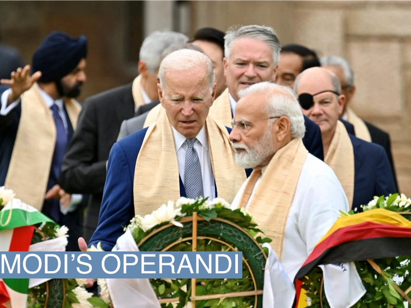 U.S. President Joe Biden visits the Raj Ghat memorial with Prime Minister of India Narendra Modi and other G20 leaders, Sept. 10, 2023, in New Delhi. Kenny Holston/Pool via REUTERS