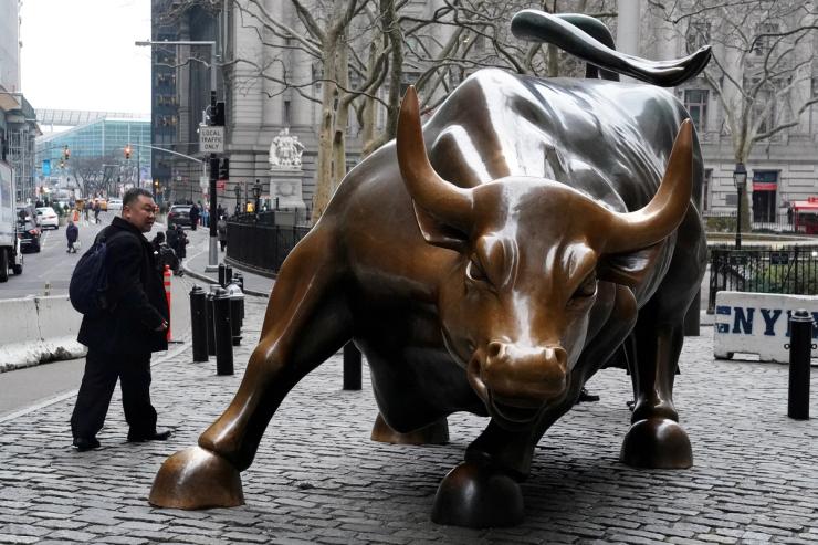 he Charging Bull or Wall Street Bull is pictured in the Manhattan borough of New York City.