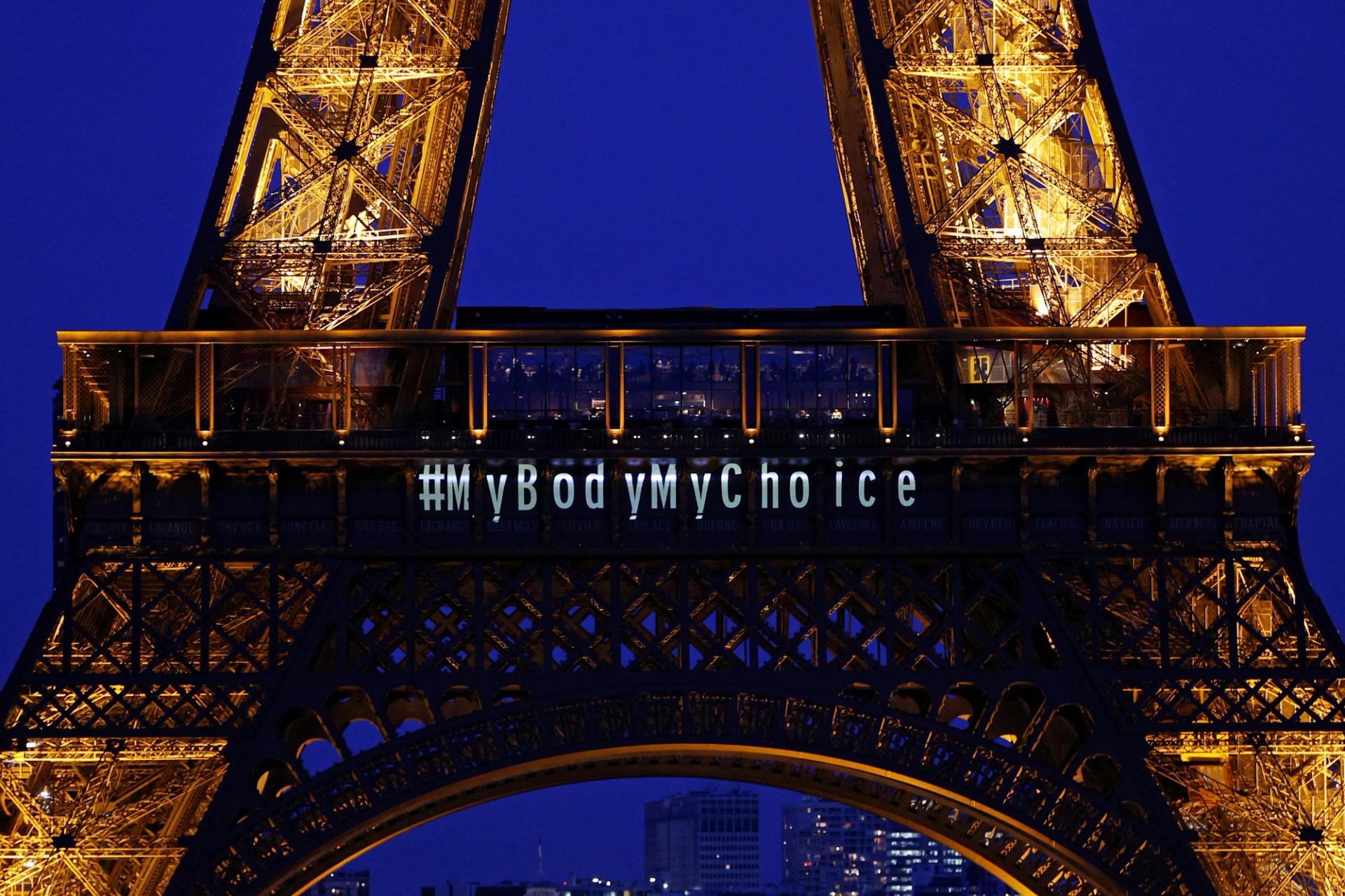 The Eiffel Tower lights up with the message "My body My choice" after French lawmakers enshrined the right to abortion in its constitution during a special congress in Versailles, in Paris, France