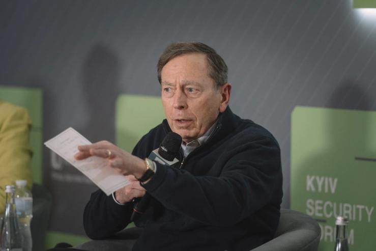Gen. David Petraeus talks during the Kyiv Security Forum dedicated to the third anniversary of Russia’s full-scale invasion of Ukraine on February 21, 2025 in Kyiv.