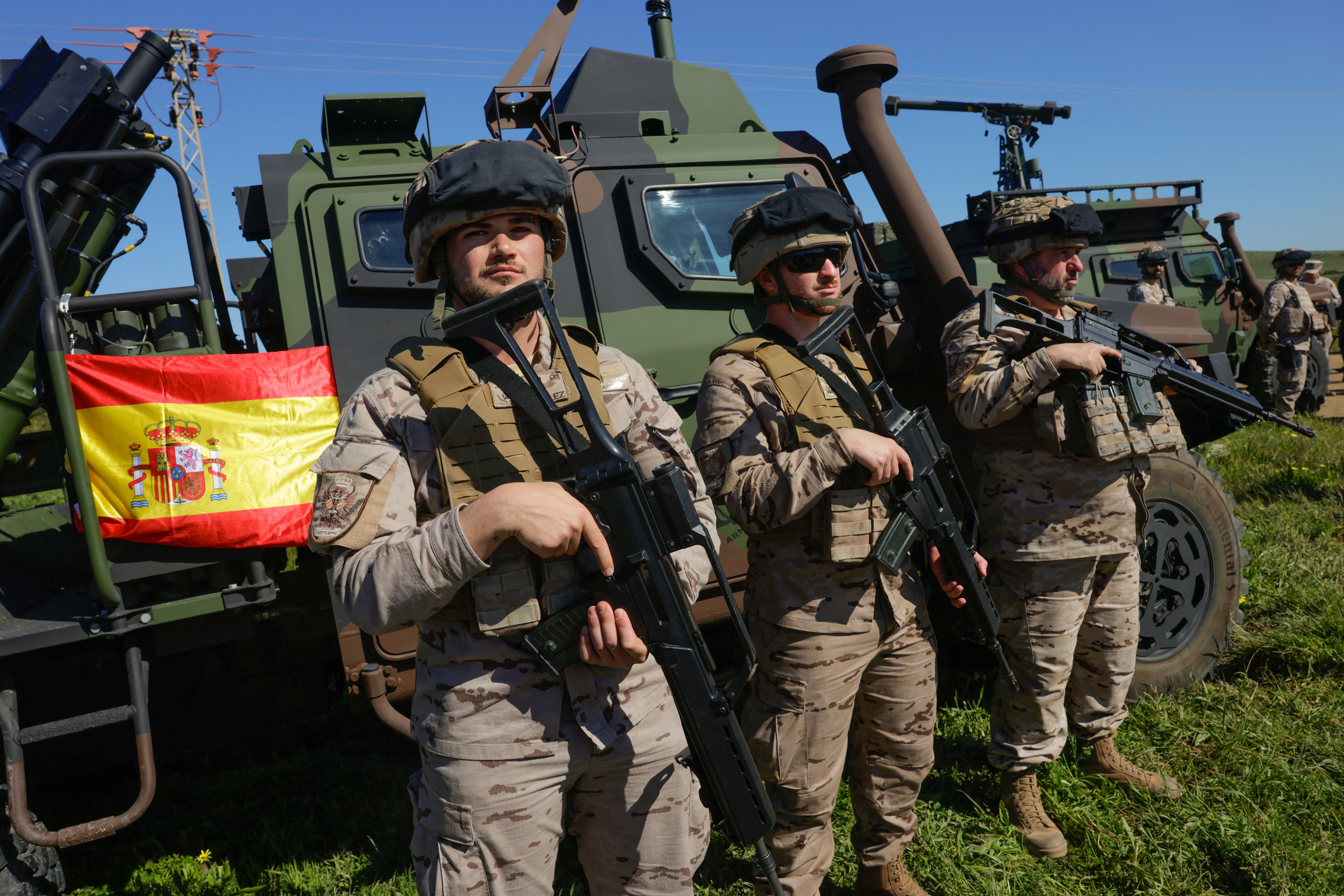 Spanish soldiers stand during Exercise Dynamic Mariner 25 military drill training