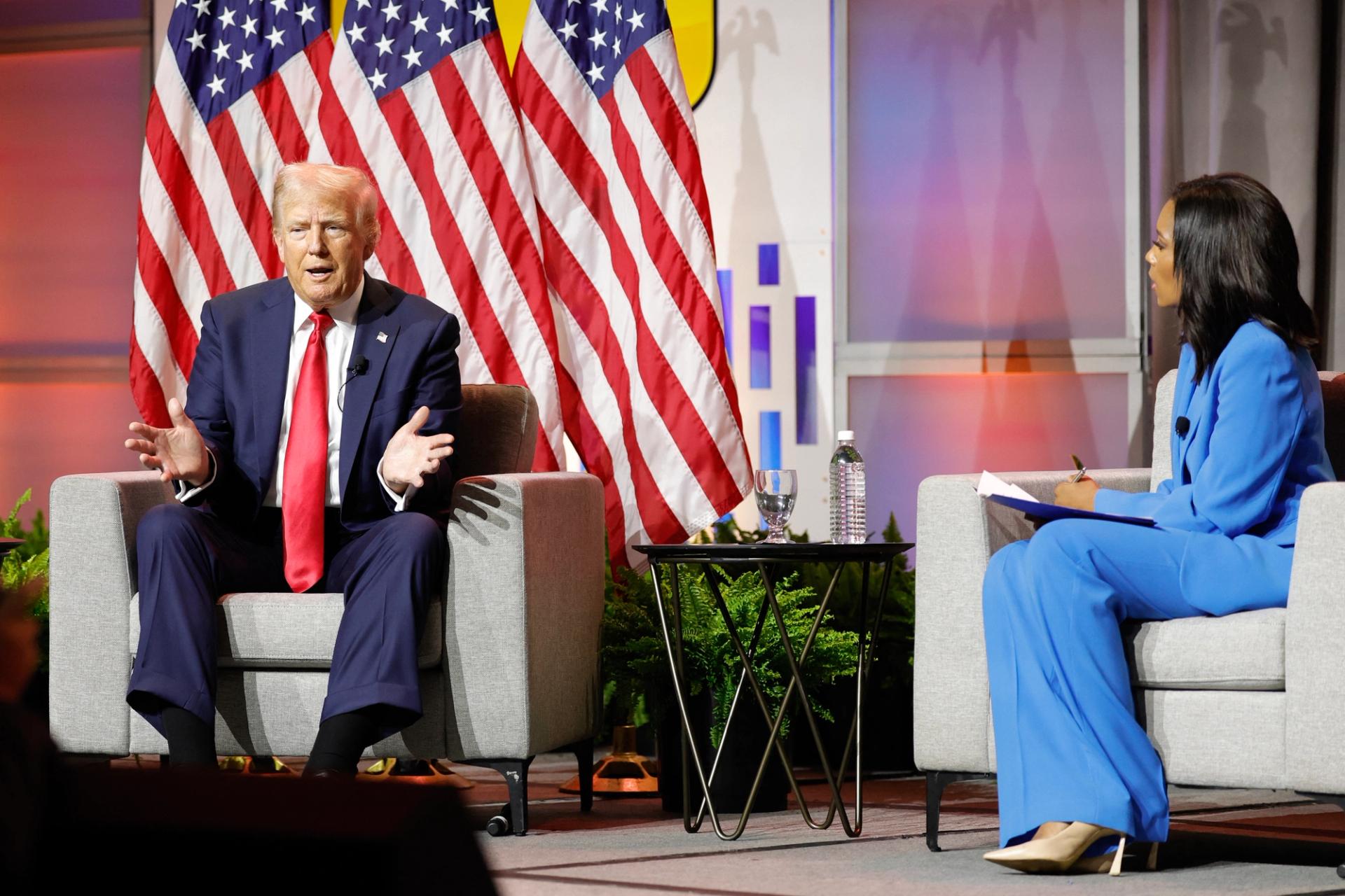 Former US President and 2024 Republican presidential nominee Donald Trump answers questions during the National Association of Black Journalists annual convention in Chicago, Illinois, on July 31, 2024.