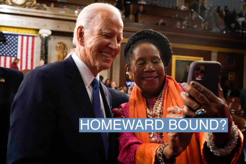 Rep. Sheila Jackson Lee, D-Texas poses for a photo with President Biden at his State of the Union.