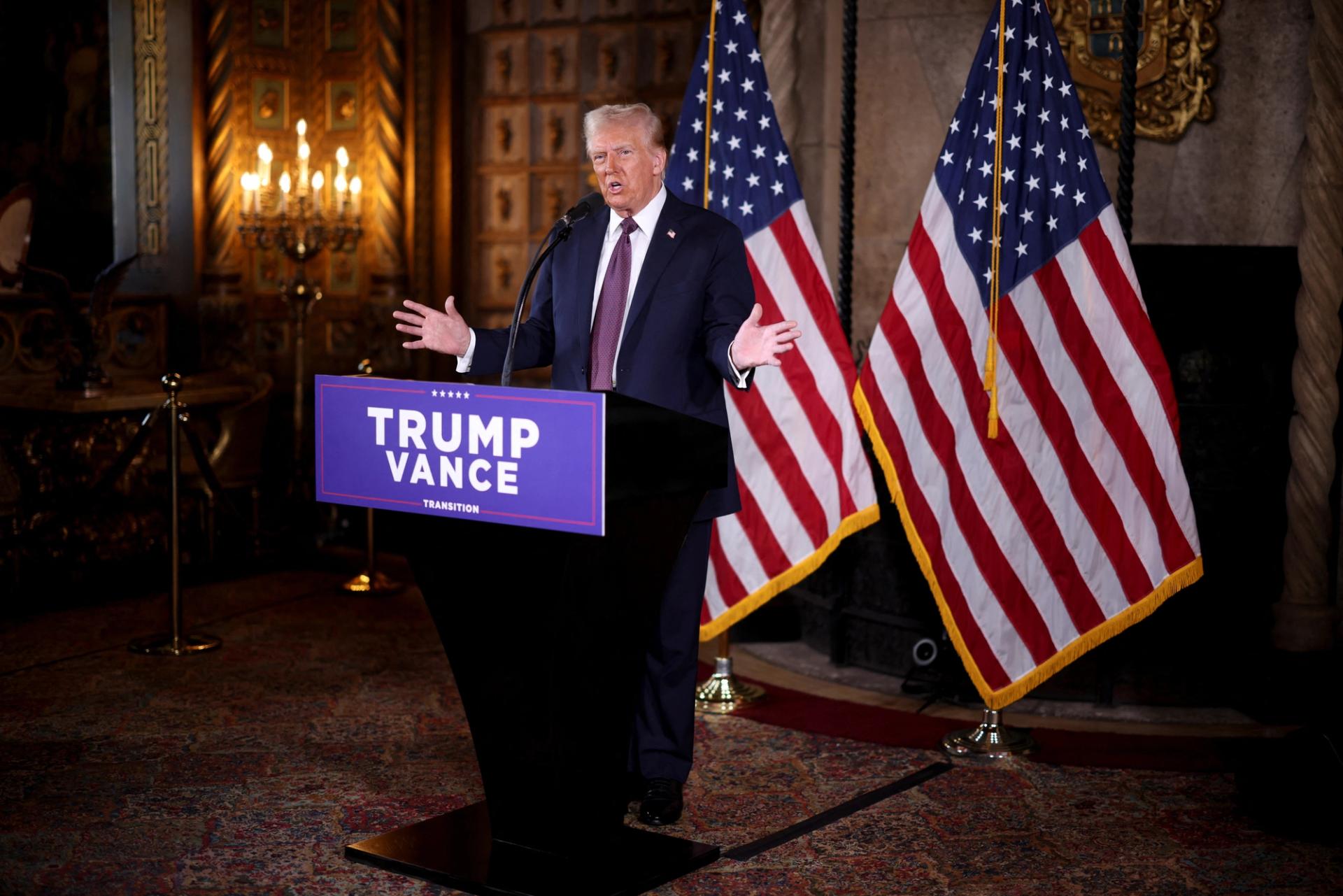 U.S. President-elect Donald Trump makes remarks at Mar-a-Lago in Palm Beach, Florida, U.S. January 7, 2025.