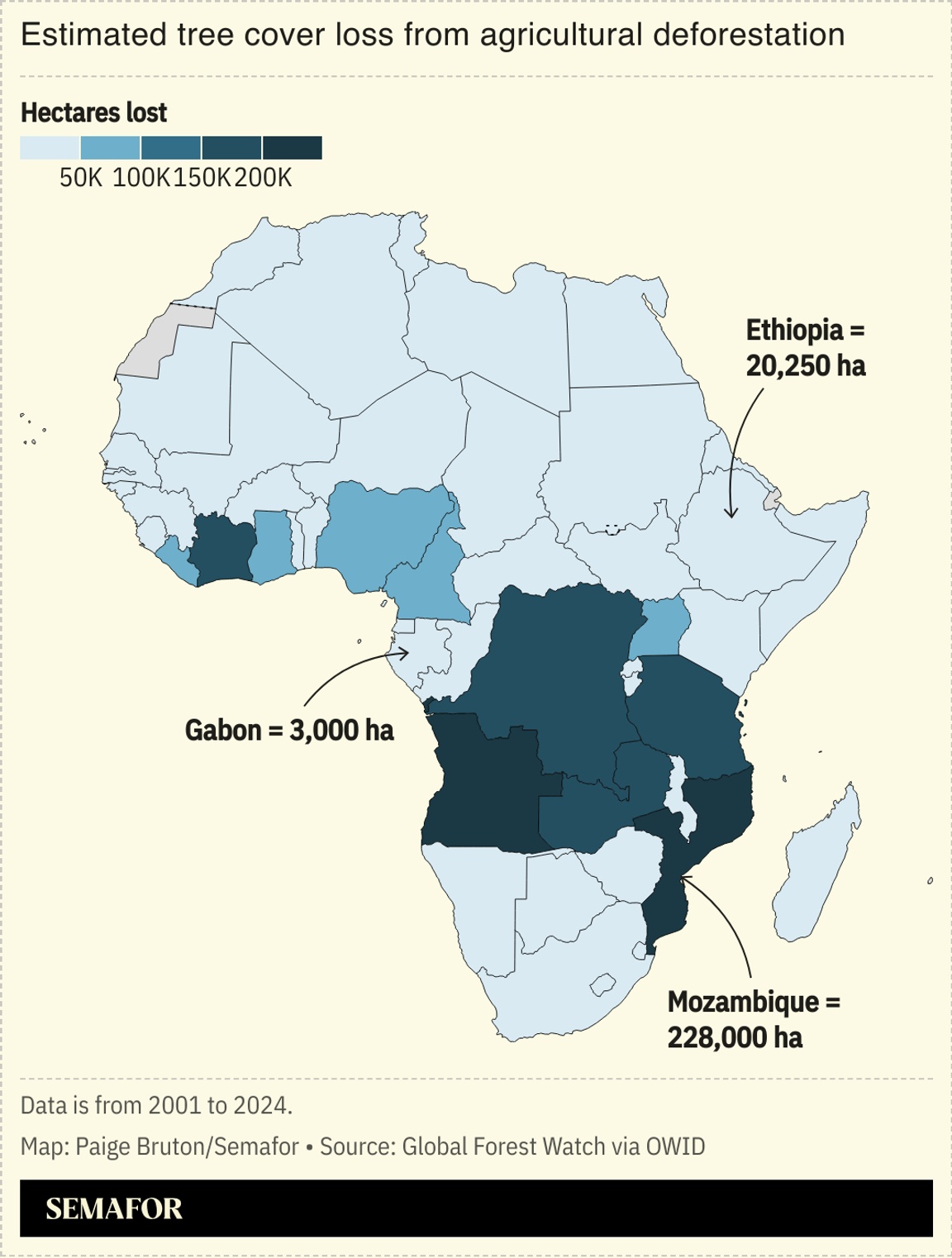 A map of Africa showing the estimated tree cover loss due to deforestation between 2001 to 2024.