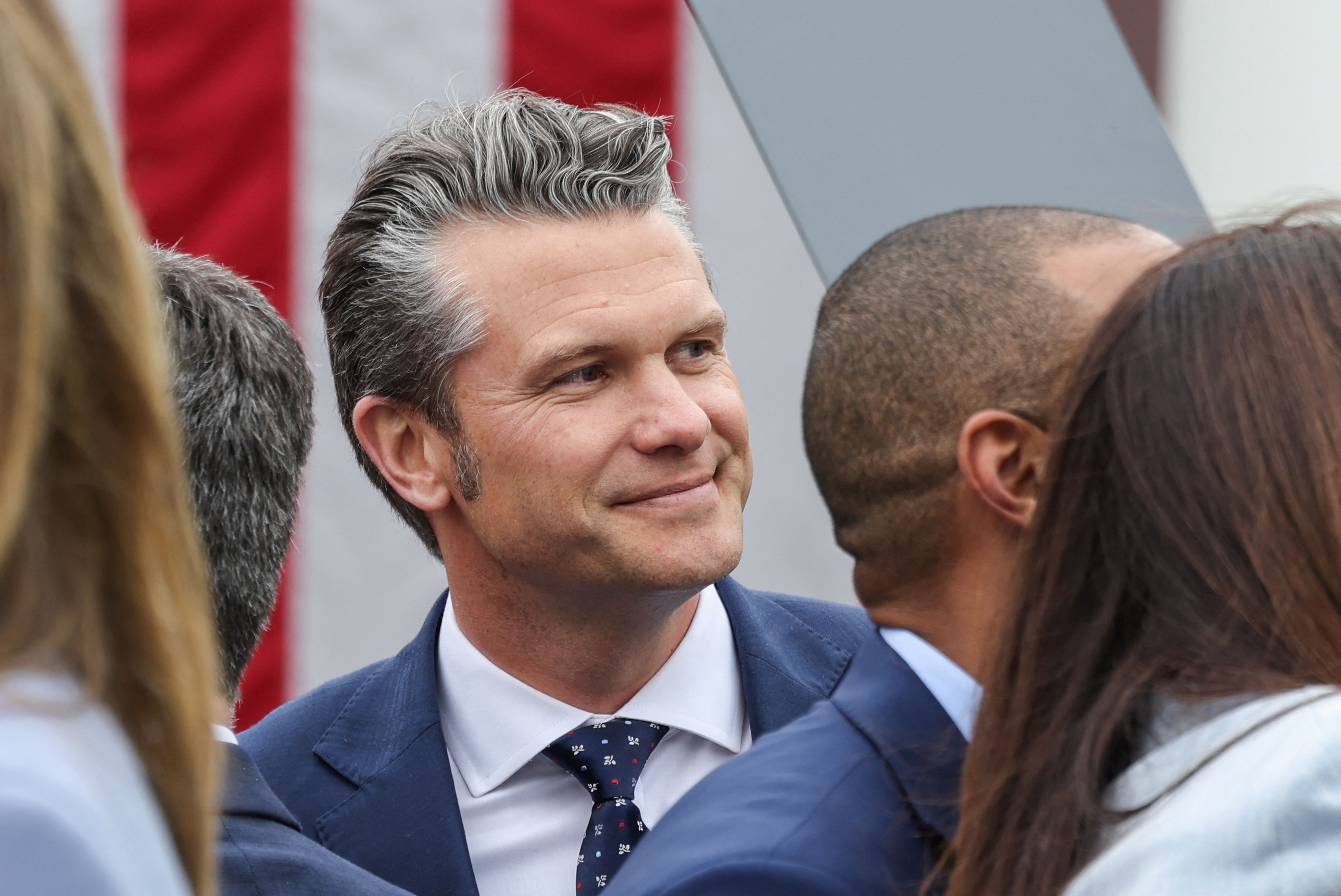 U.S. Secretary of Defense Pete Hegseth looks on, ahead of U.S. President Donald Trump’s remarks on tariffs in the Rose Garden at the White House in Washington, D.C., U.S., April 2, 2025.