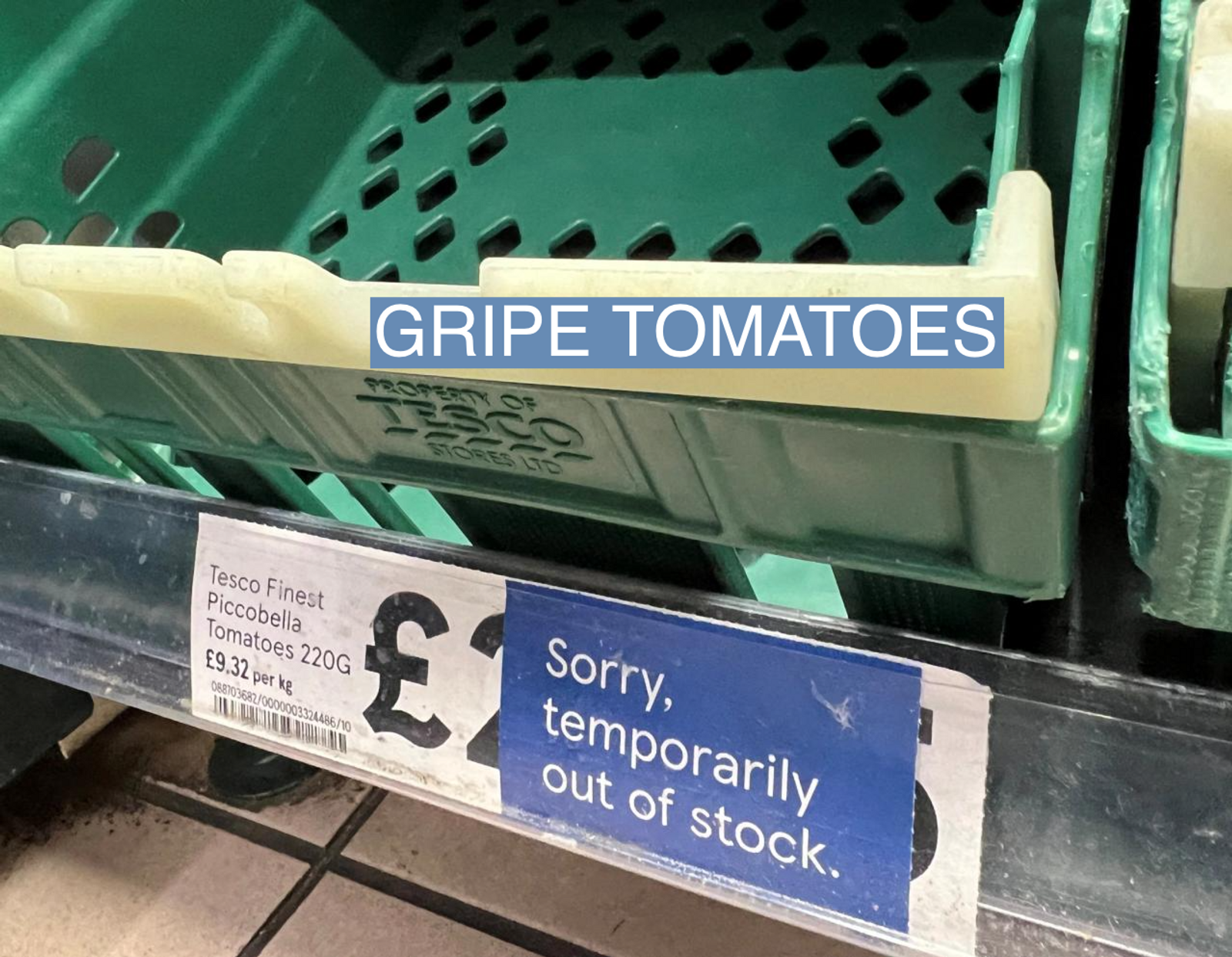 An empty tomato section is seen on shelves at Tesco supermarket in London, Britain, February 21, 2023.