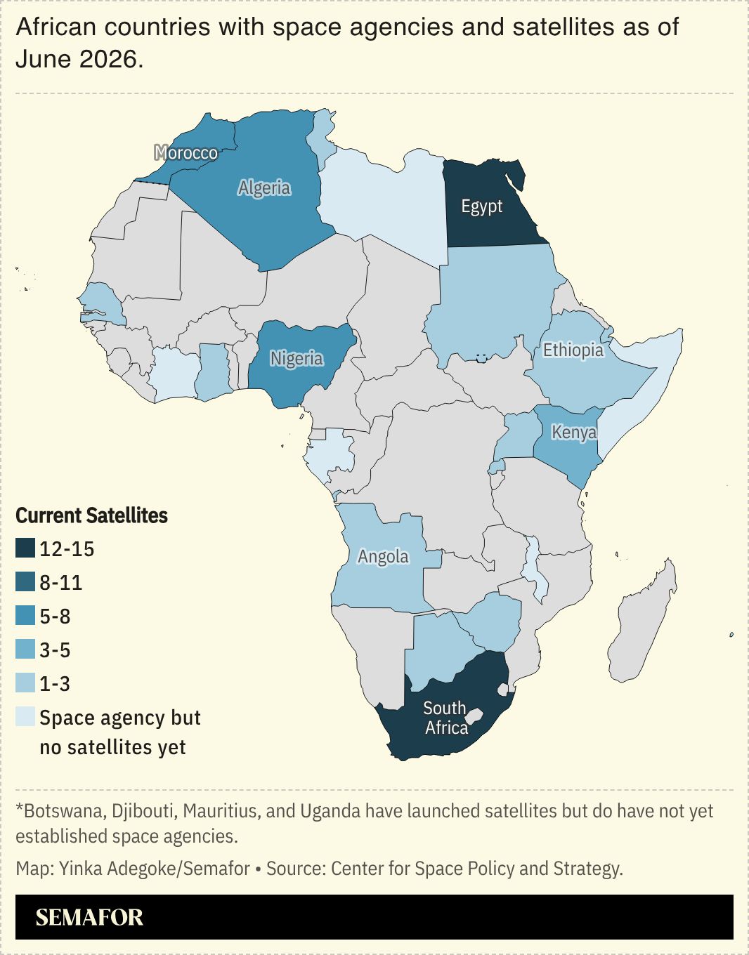 A map showing African countries with space agencies and satellites as of June 2026.