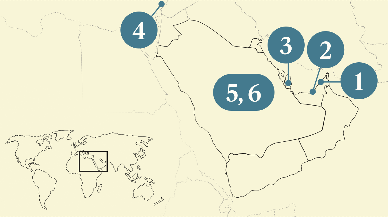 A numbered map of the Gulf region.