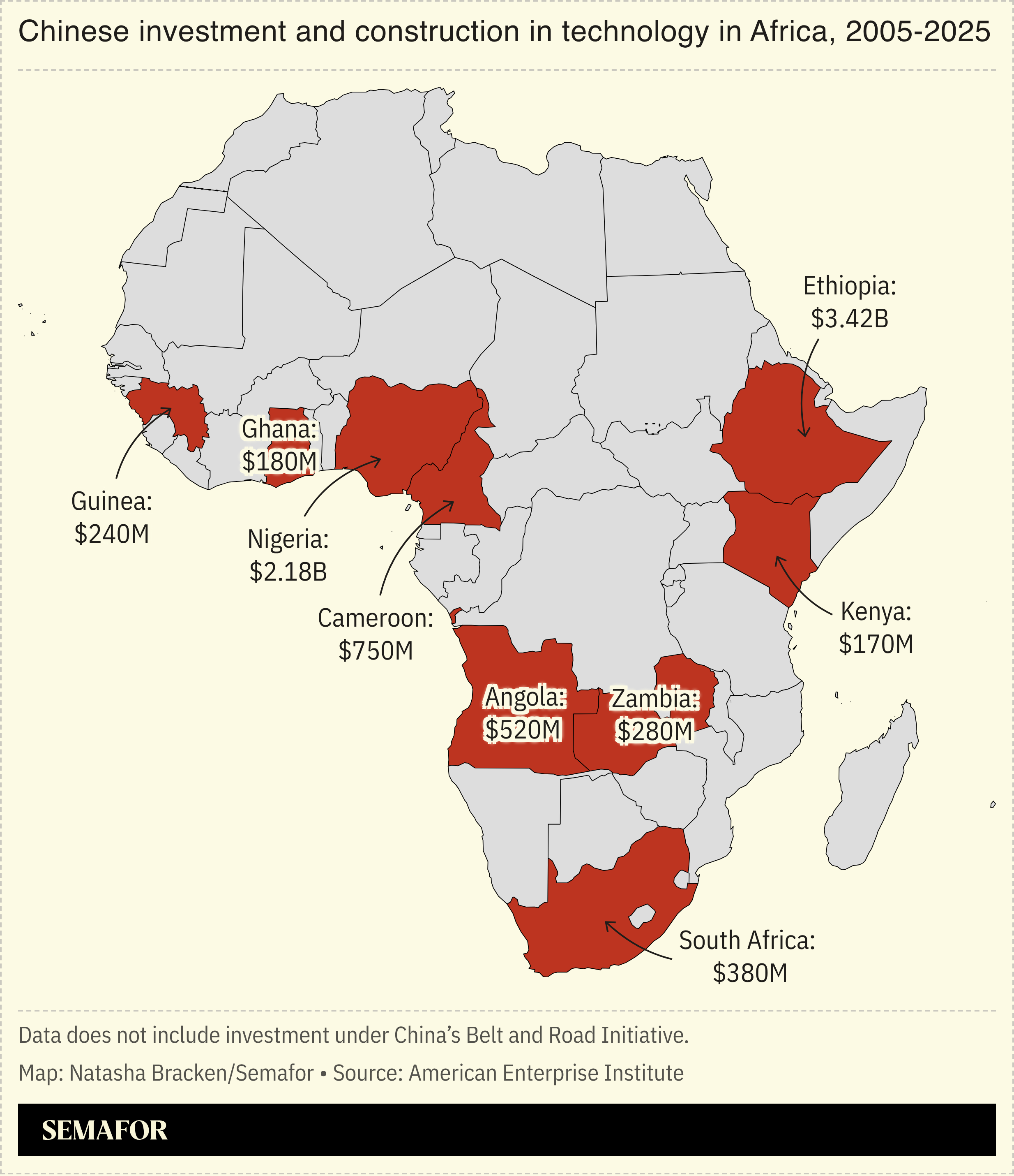 A map showing Chinese investment in technology in Africa between 2015 and 2025.