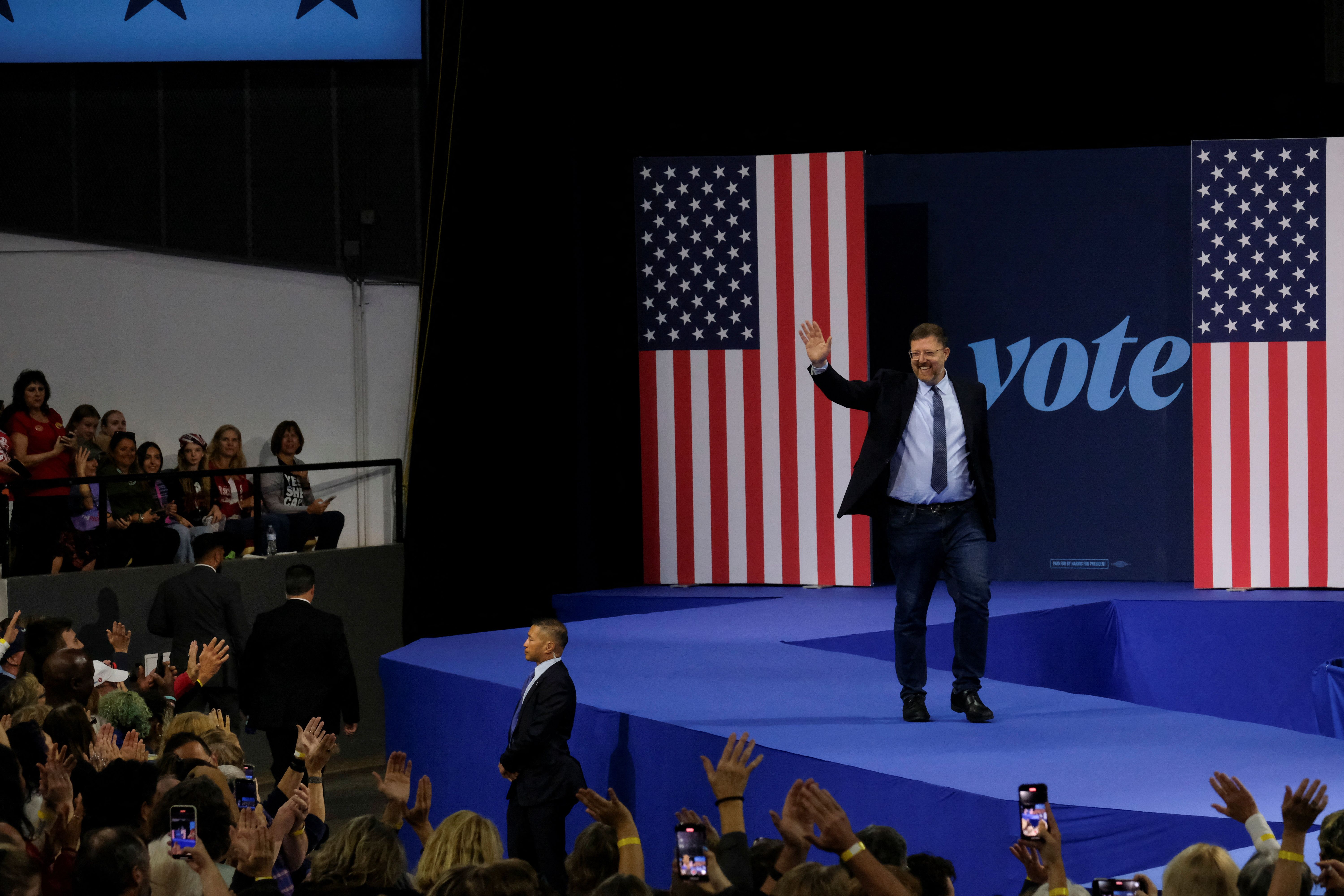 Ben Wikler, the chair of the Democratic Party of Wisconsin, campaigns for Democratic presidential nominee and U.S. Vice President Kamala Harris in Madison, Wisconsin, U.S. October 22, 2024.