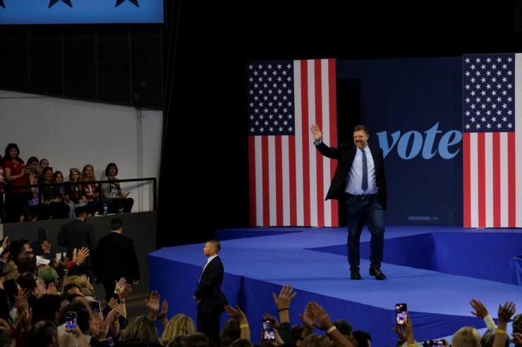 Ben Wikler, the chair of the Democratic Party of Wisconsin, campaigns for Democratic presidential nominee and U.S. Vice President Kamala Harris in Madison, Wisconsin, U.S. October 22, 2024.