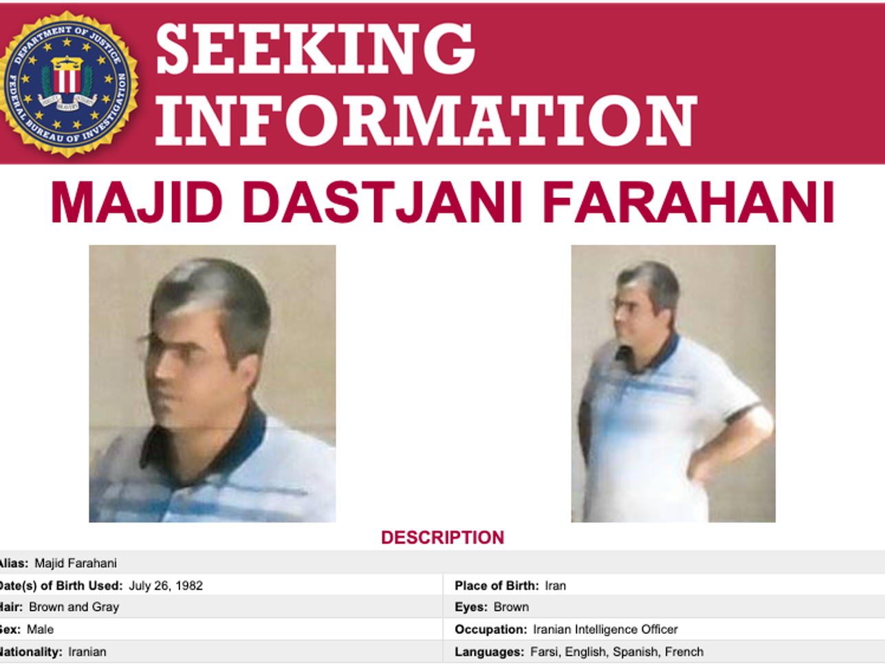 Screengrab of FBI wanted poster for Majid Dastjani Farahani