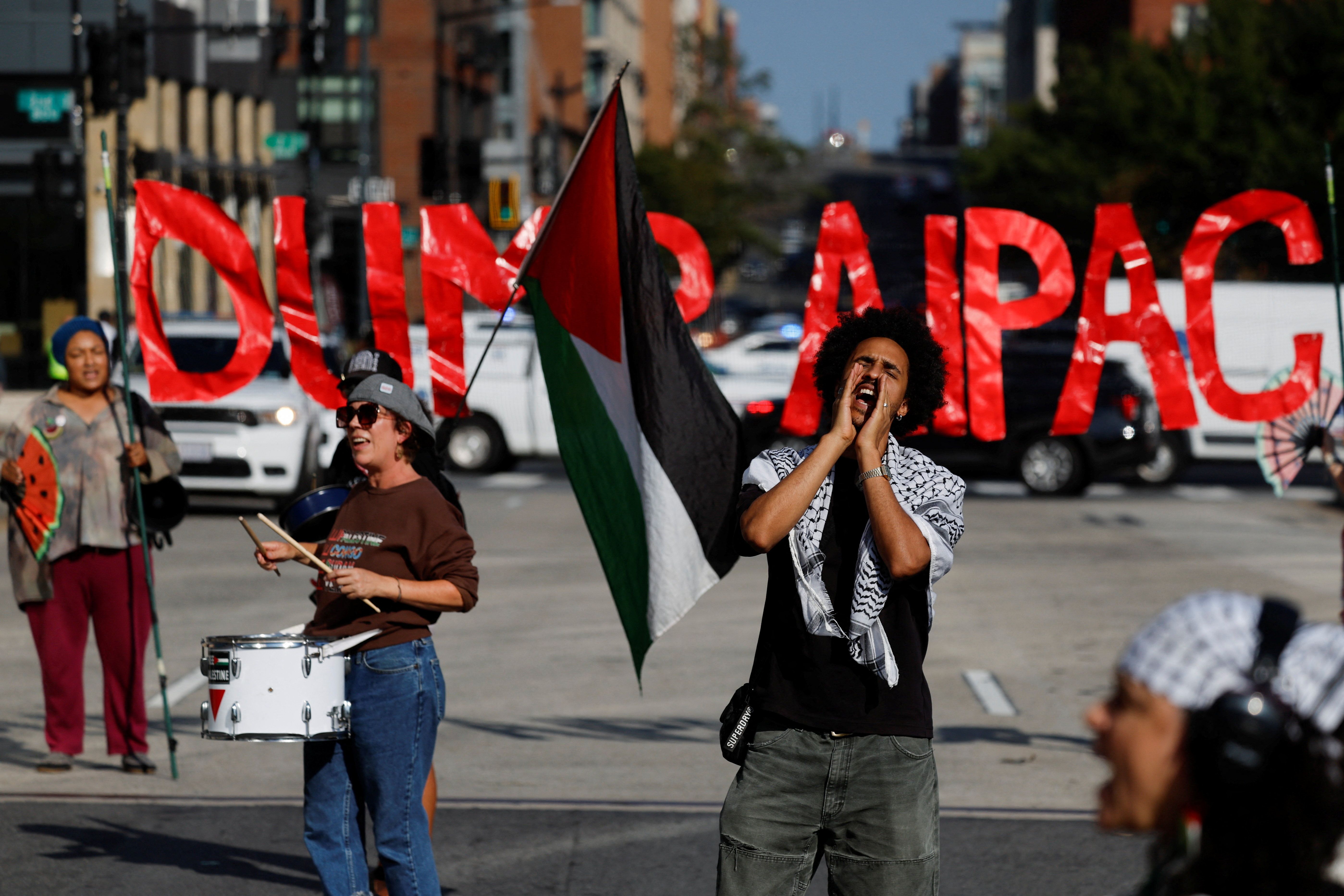 Demonstrators take part in a protest against the U.S. backing of the Israeli military operation in Gaza, outside the Washington office of the American Israel Public Affairs Committee (AIPAC) in Washington, D.C., U.S., September 22, 2025.