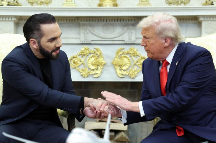 US President Donald Trump shakes hands with El Salvador President Nayib Bukele
