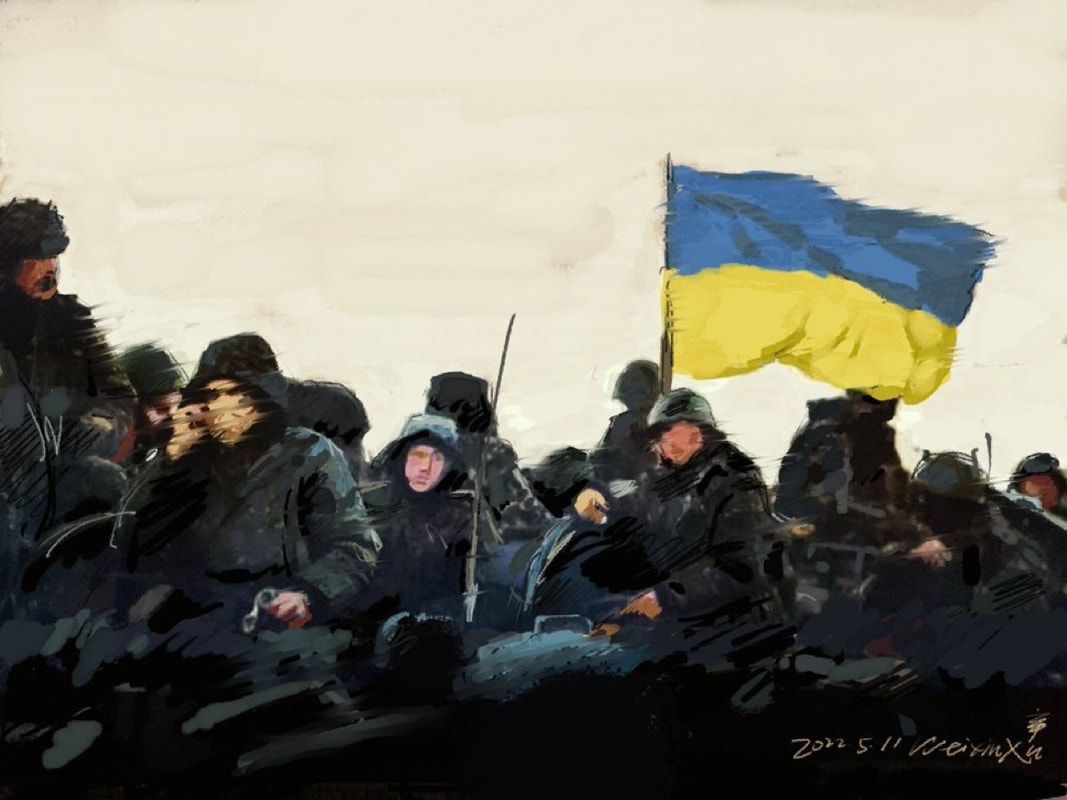 徐伟新创作的描绘乌克兰士兵的艺术作品。