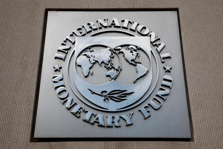 A view of the International Monetary Fund (IMF) logo at its headquarters in Washington, D.C.