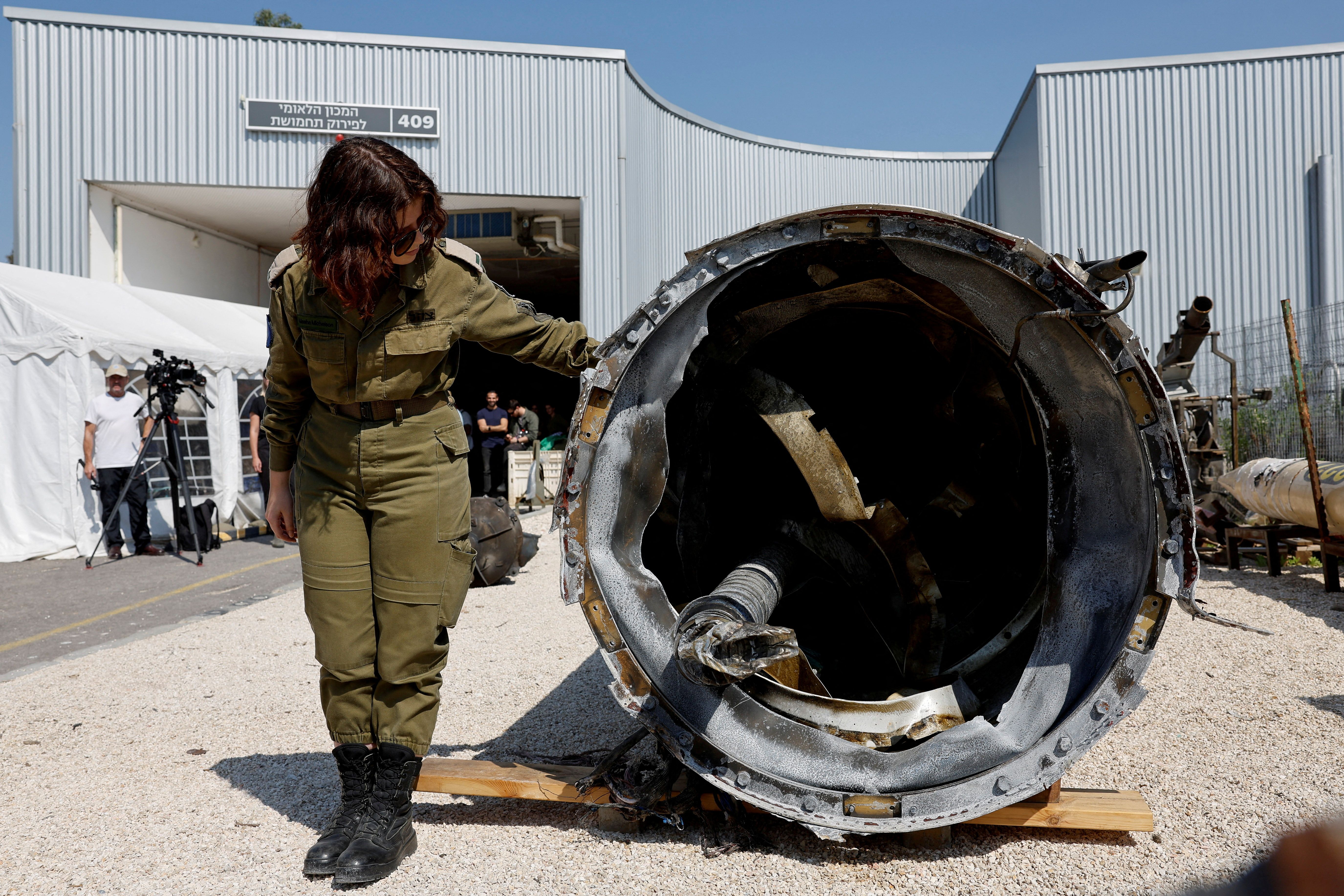 Israel’s military displays what they say is an Iranian ballistic missile which they retrieved from the Dead Sea after Iran launched drones and missiles towards Israel