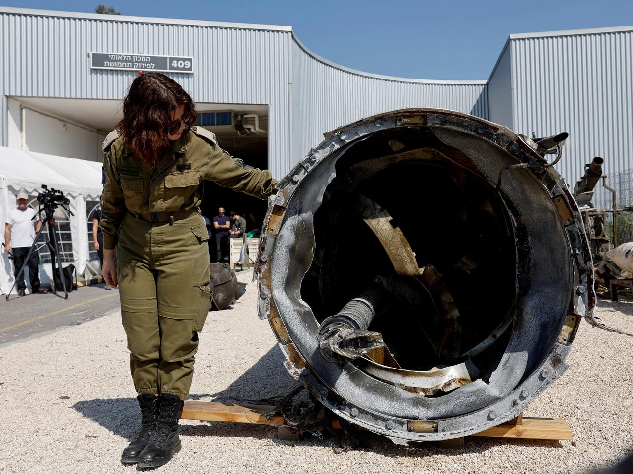 Israel's military displays what they say is an Iranian ballistic missile which they retrieved from the Dead Sea after Iran launched drones and missiles towards Israel