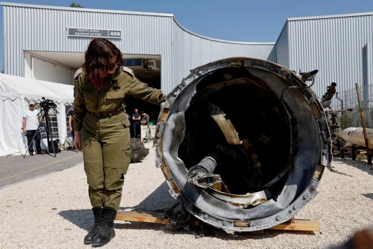 Israel’s military displays what they say is an Iranian ballistic missile which they retrieved from the Dead Sea after Iran launched drones and missiles towards Israel