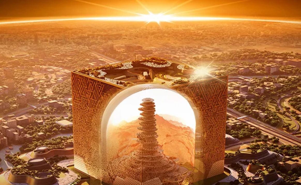Rendering of The Mukaab building with spiral tower inside.