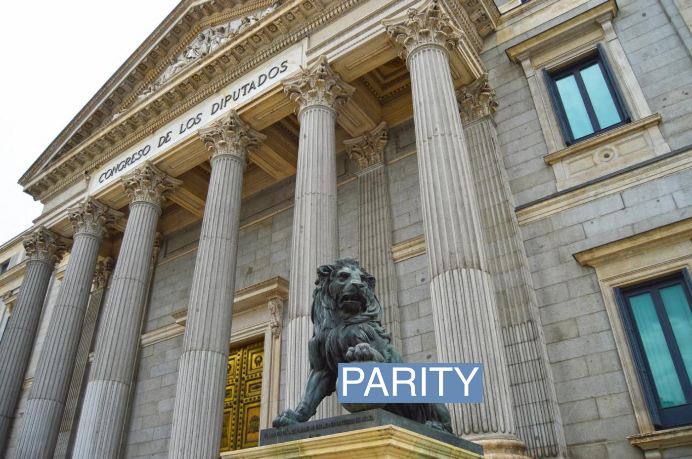 The exterior of the Spanish parliament building is shown.