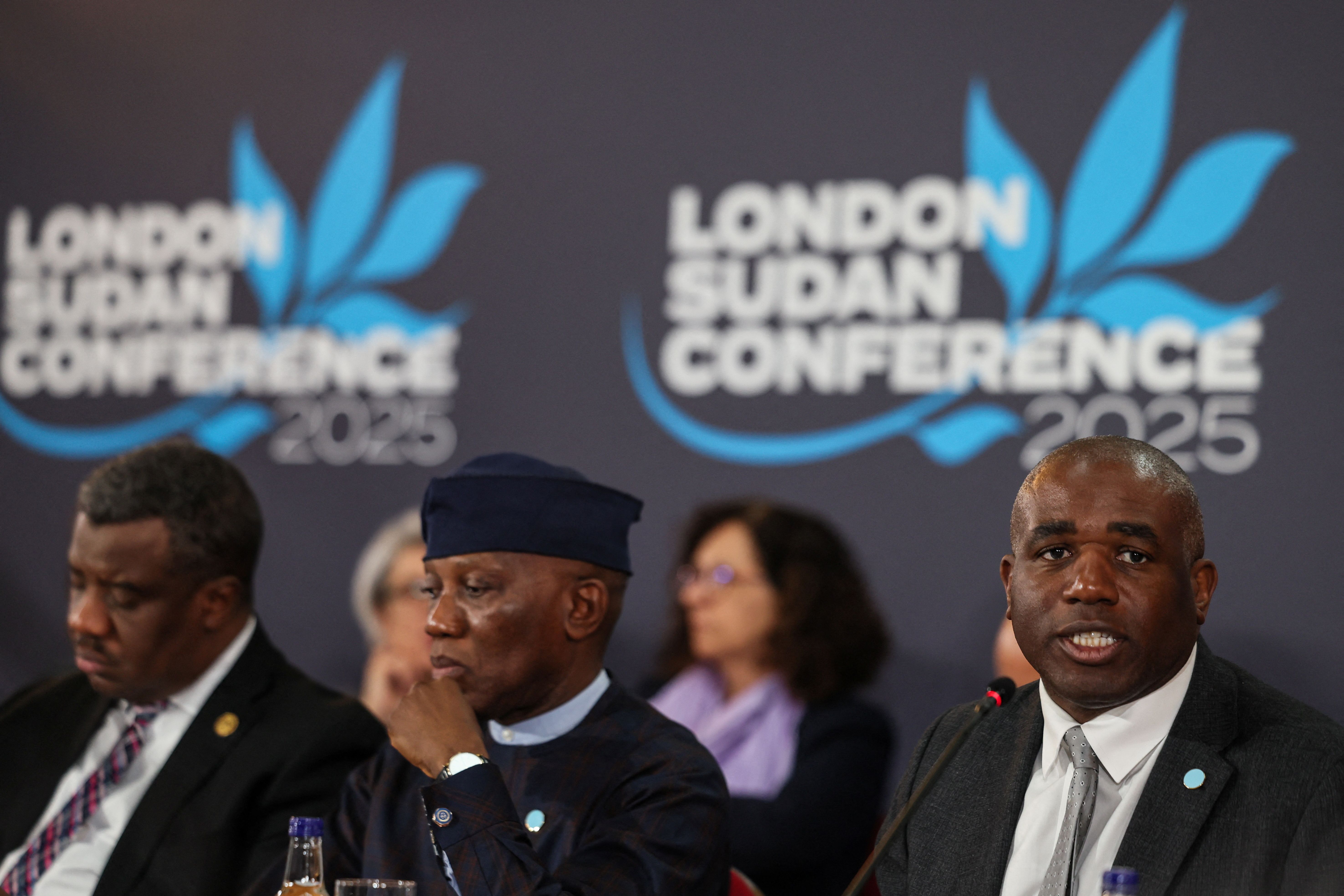 Bankole Adeoye, Political Affairs, Peace and Security Commissioner for the African Union and Britain’s Foreign Secretary David Lammy at the London Sudan conference.