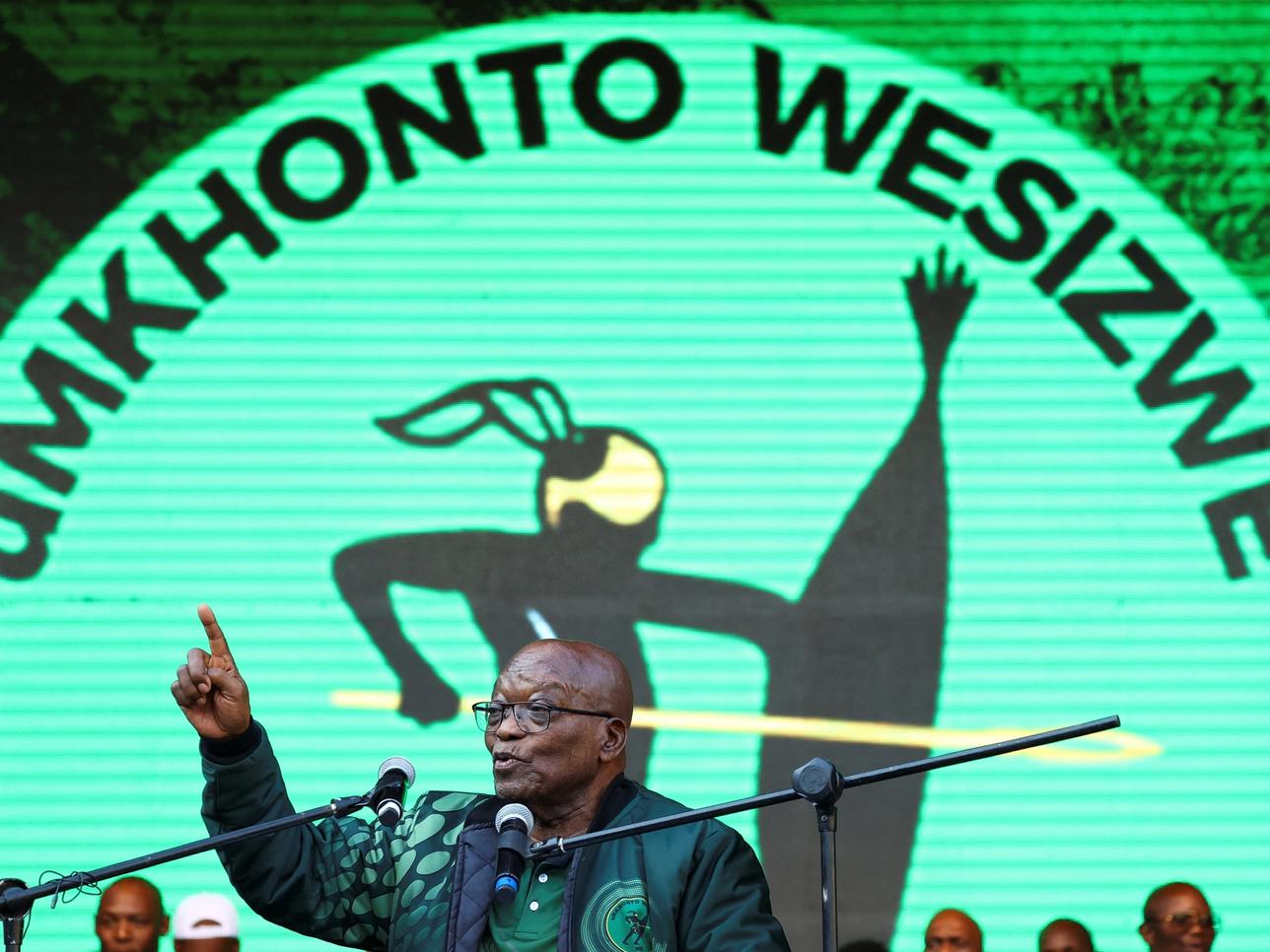 Former South African President Jacob Zuma speaks to his suppoters during the launch of the election manifesto of his new political party, uMkhonto we Sizwe, ahead of a general election on May 29, at a rally in Soweto, South Africa, May 18, 2024. REUTERS/Siphiwe Sibeko
