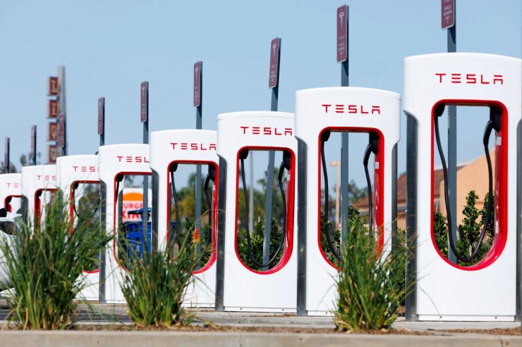 A view shows Tesla superchargers at the supercharging station in Escondido, California.