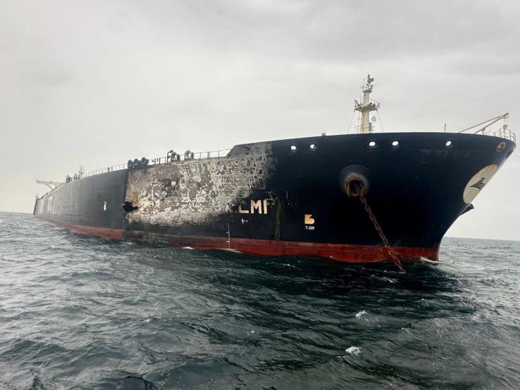 Damage to the Kuwait-flagged Al-Salmi crude oil tanker, following a reported strike.
