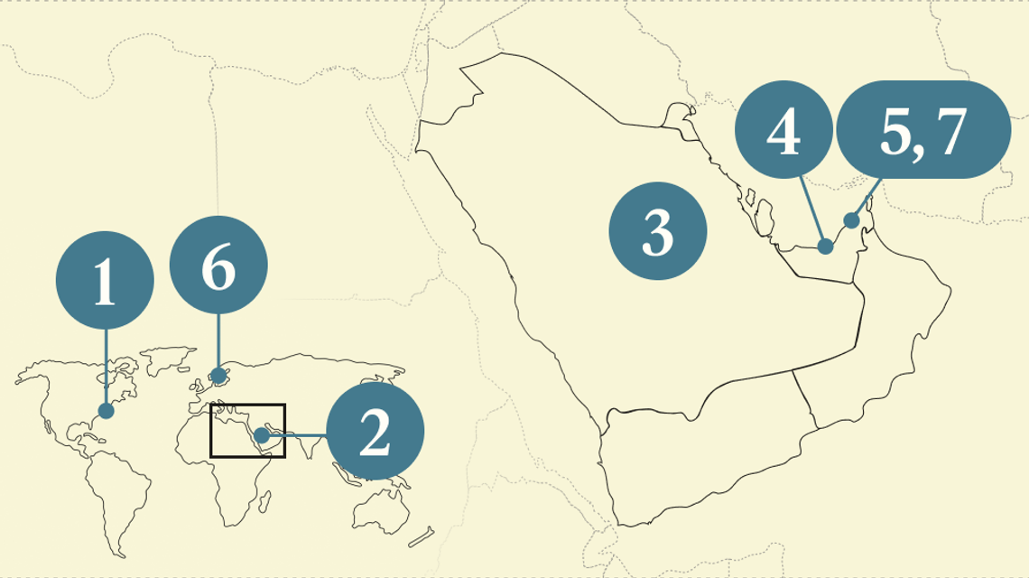 A numbered map of the Gulf region.