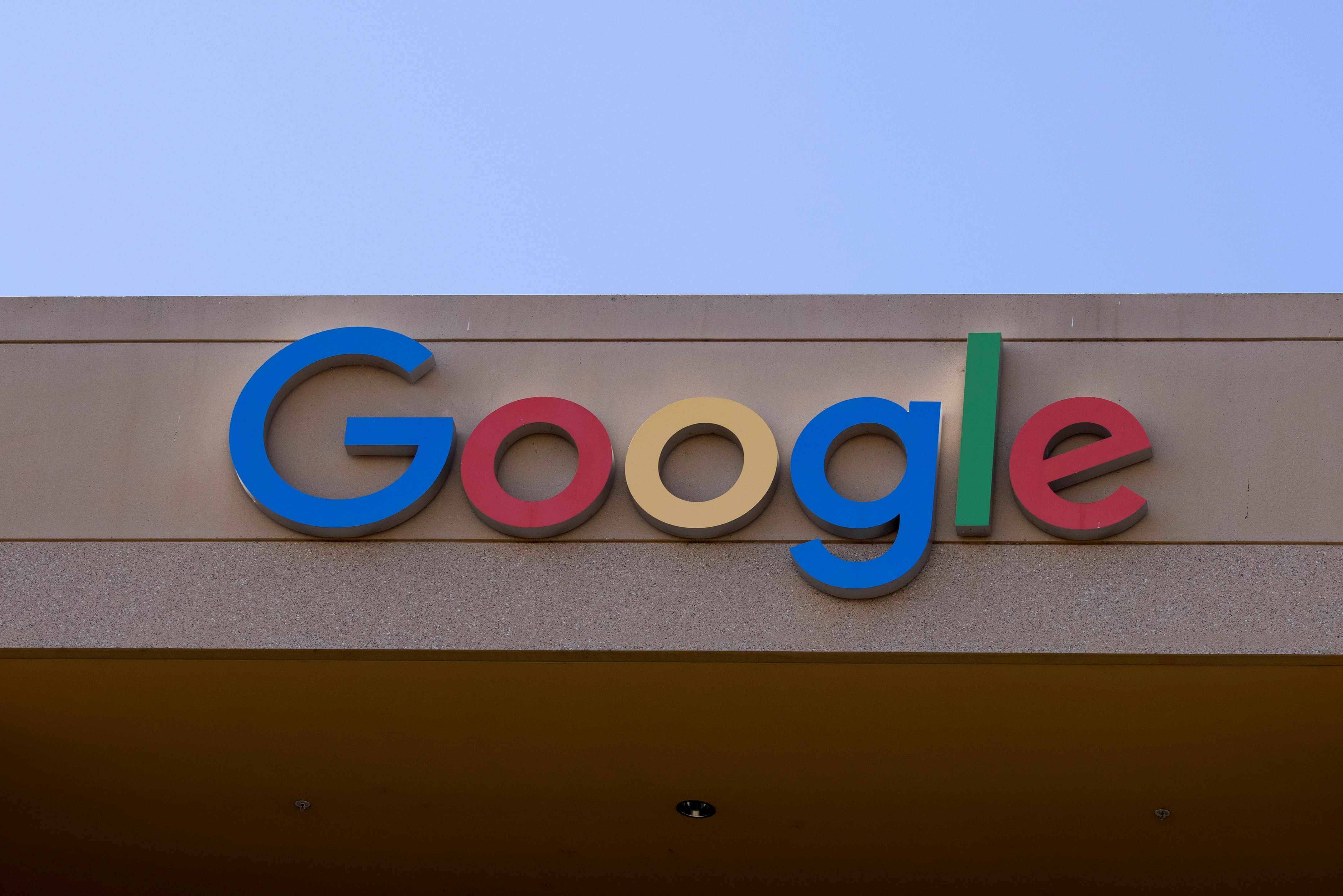 The Google sign is shown on one of the company’s office buildings in Irvine, California.