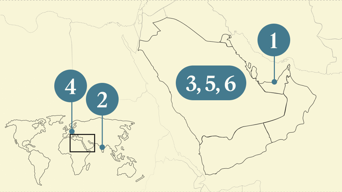 A numbered map of the Gulf region.
