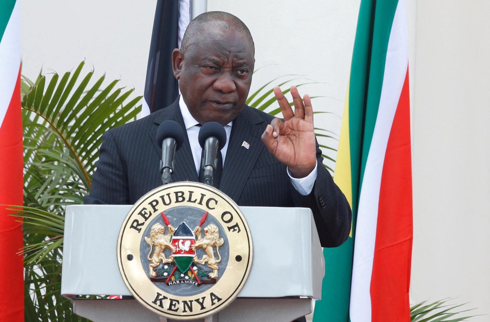 South African President Cyril Ramaphosa addresses a joint news conference with his Kenyan counterpart William Ruto, after holding bilateral talks during his visit at State House in Nairobi, Kenya November 9, 2022. 