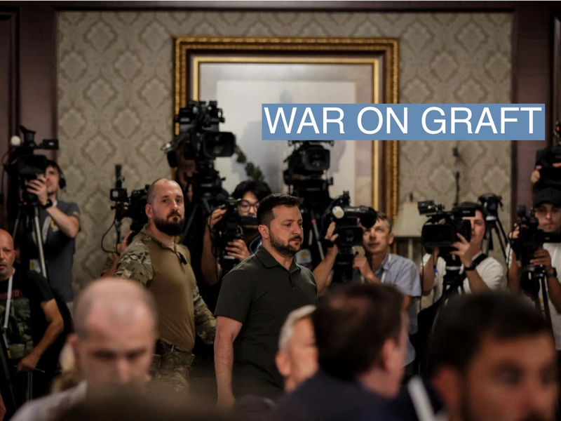 Ukrainian President Volodymyr Zelensky (C) arrives for a press conference during the opening session of Crimea Platform conference in Kyiv, Ukraine, 23 August 2023. The Crimea Platform – is an international consultation and coordination format initiated by Ukraine. OLEG PETRASYUK/Pool via REUTERS