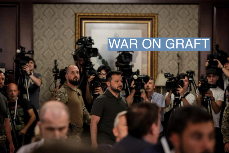 Ukrainian President Volodymyr Zelensky (C) arrives for a press conference during the opening session of Crimea Platform conference in Kyiv, Ukraine, 23 August 2023. The Crimea Platform – is an international consultation and coordination format initiated by Ukraine. OLEG PETRASYUK/Pool via REUTERS