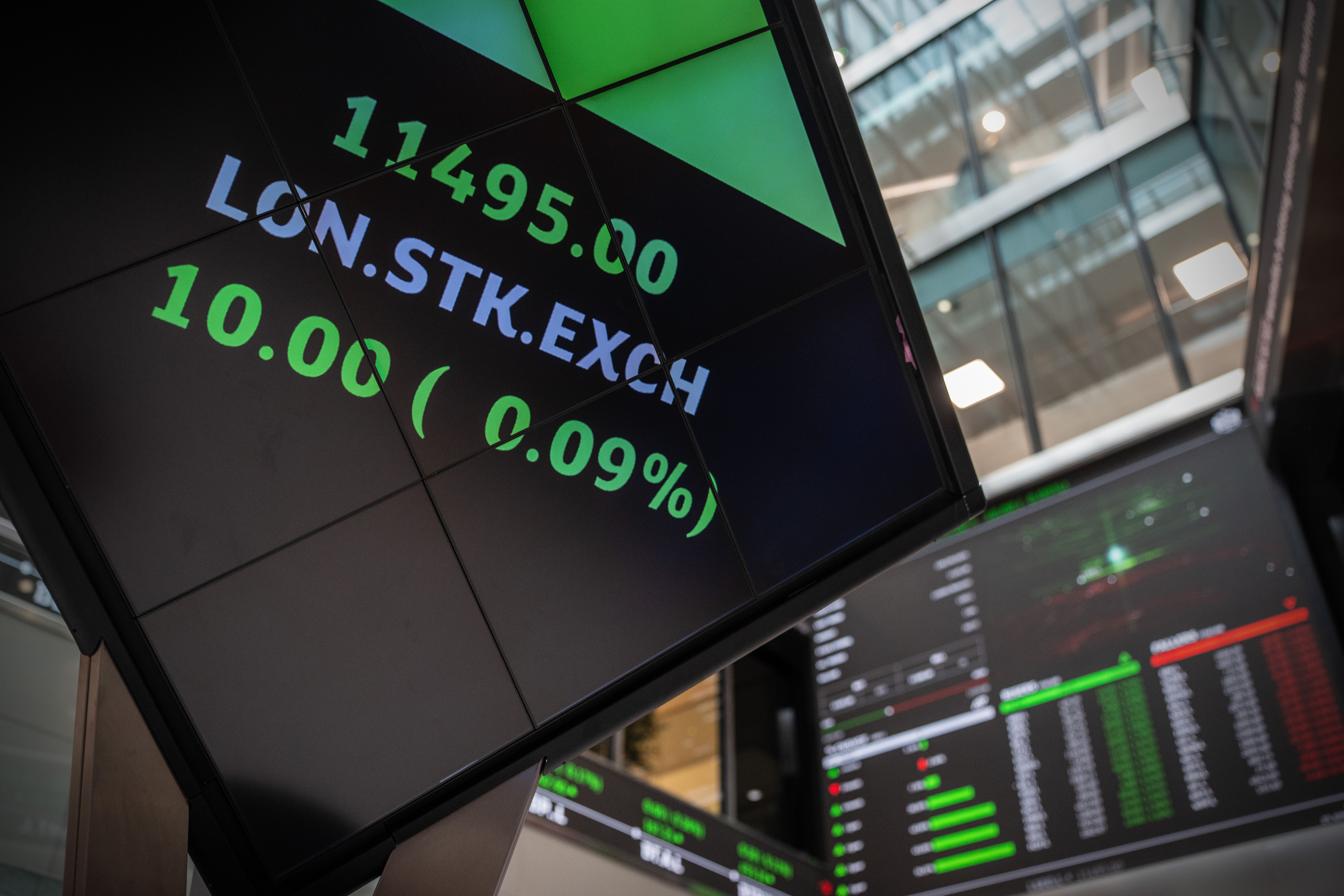 A trading board is displayed at the London Stock Exchange on April 25, 2025 in London, England.