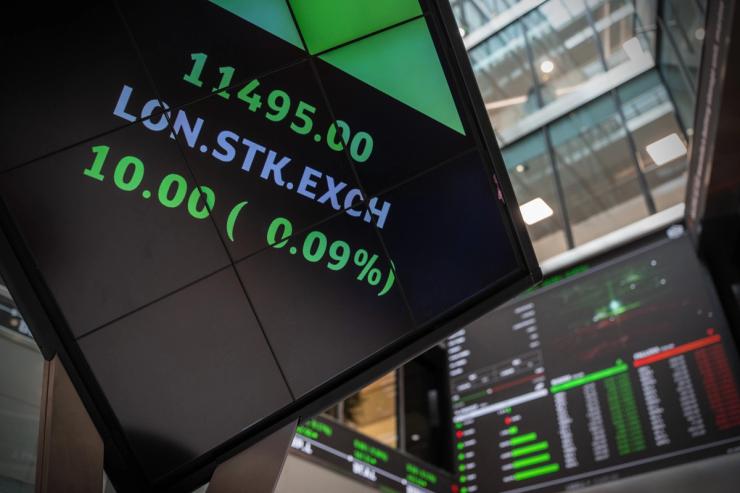 A trading board is displayed at the London Stock Exchange on April 25, 2025 in London, England.