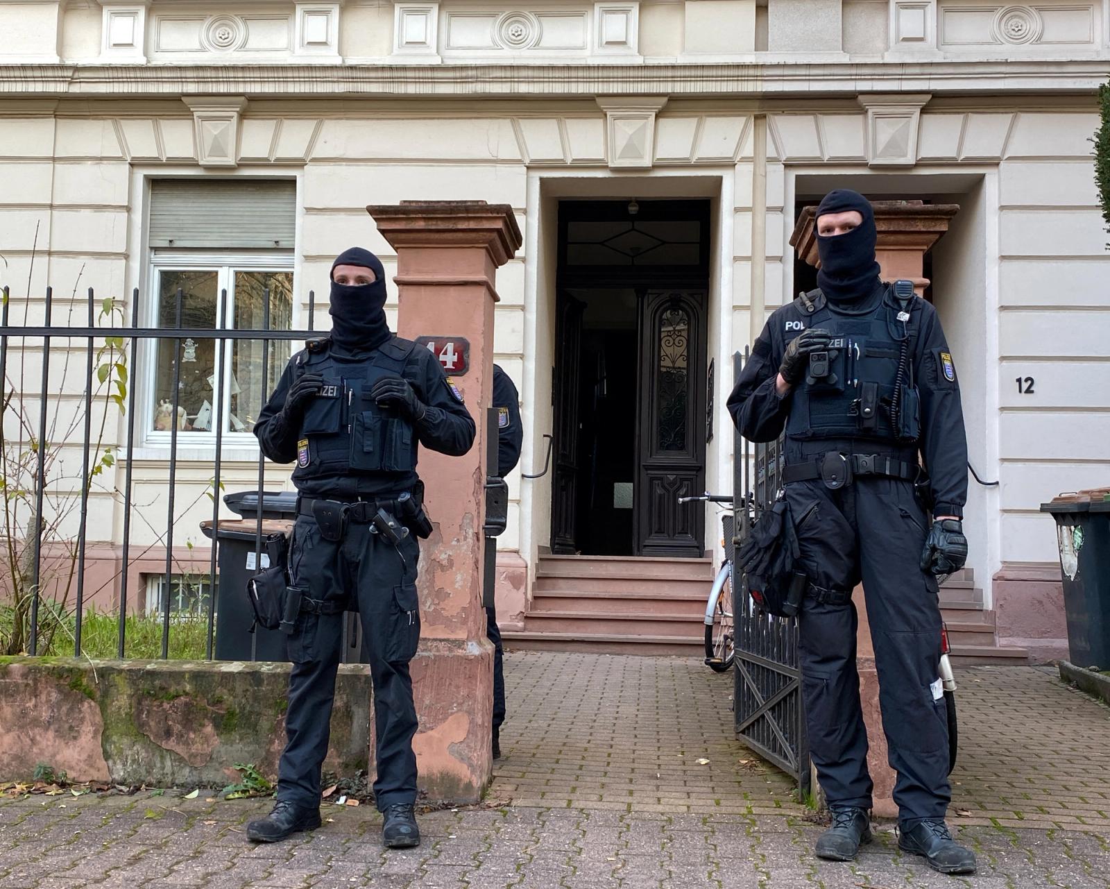 Police secures the area after 25 suspected members and supporters of a far-right terrorist group were detained during raids across Germany, in Frankfurt, Germany 