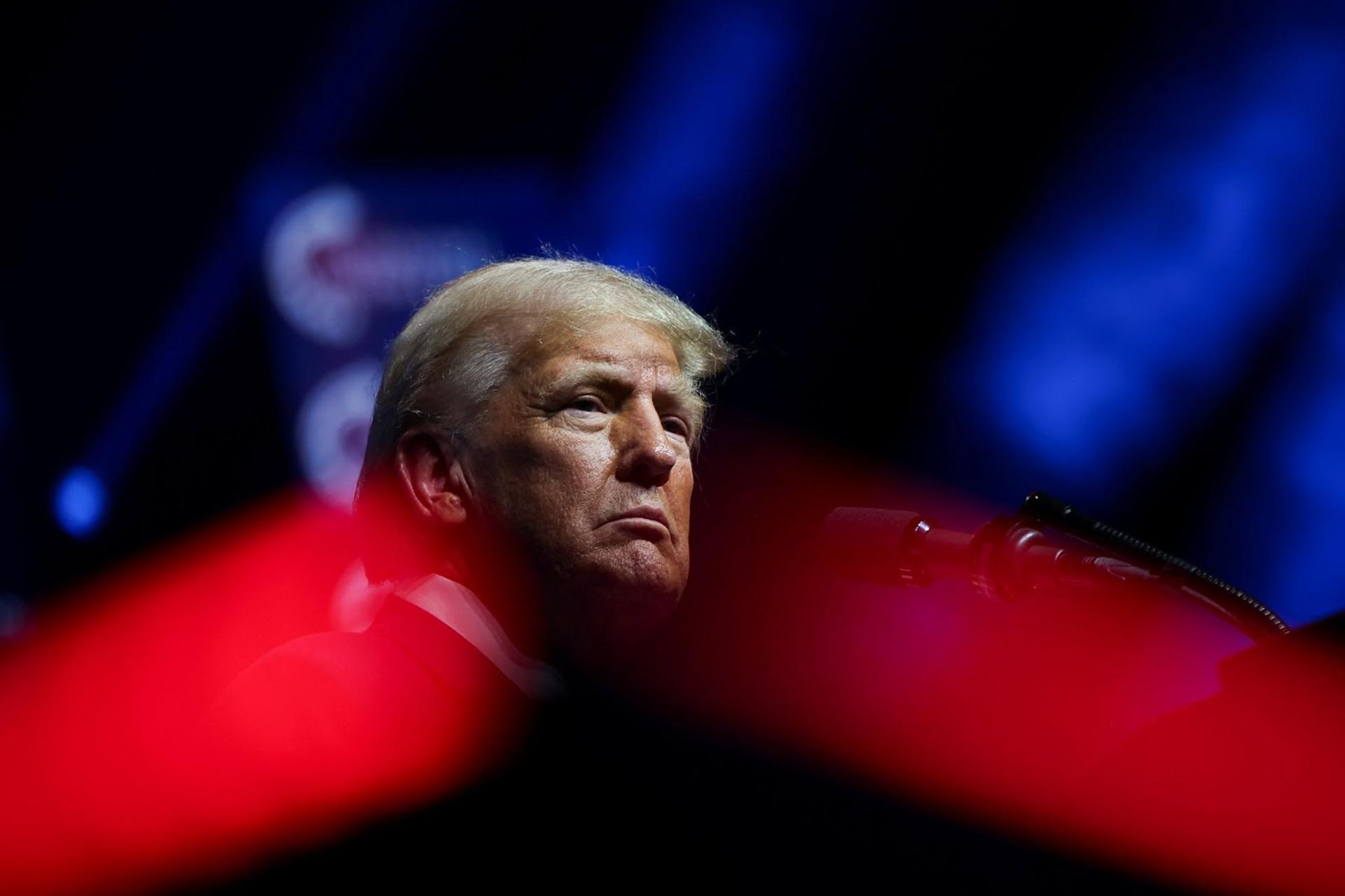 Donald Trump on stage at a campaign event sponsored by Turning Point USA in Las Vegas, Nevada