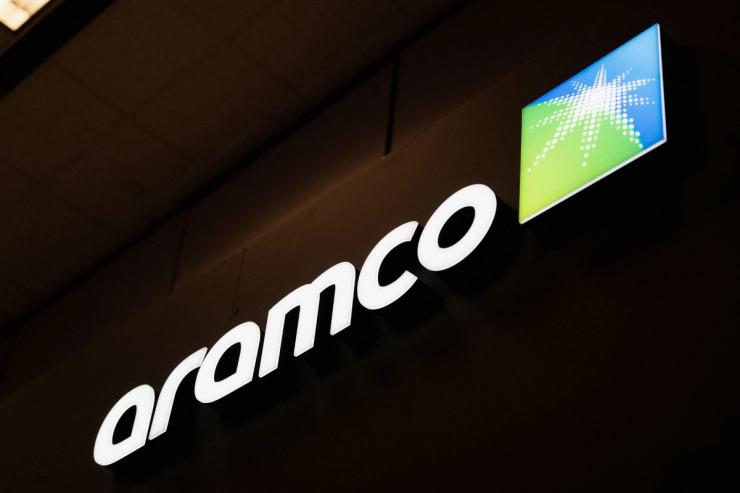 Aramco’s logo during the CERAWeek energy conference 2026 in Houston