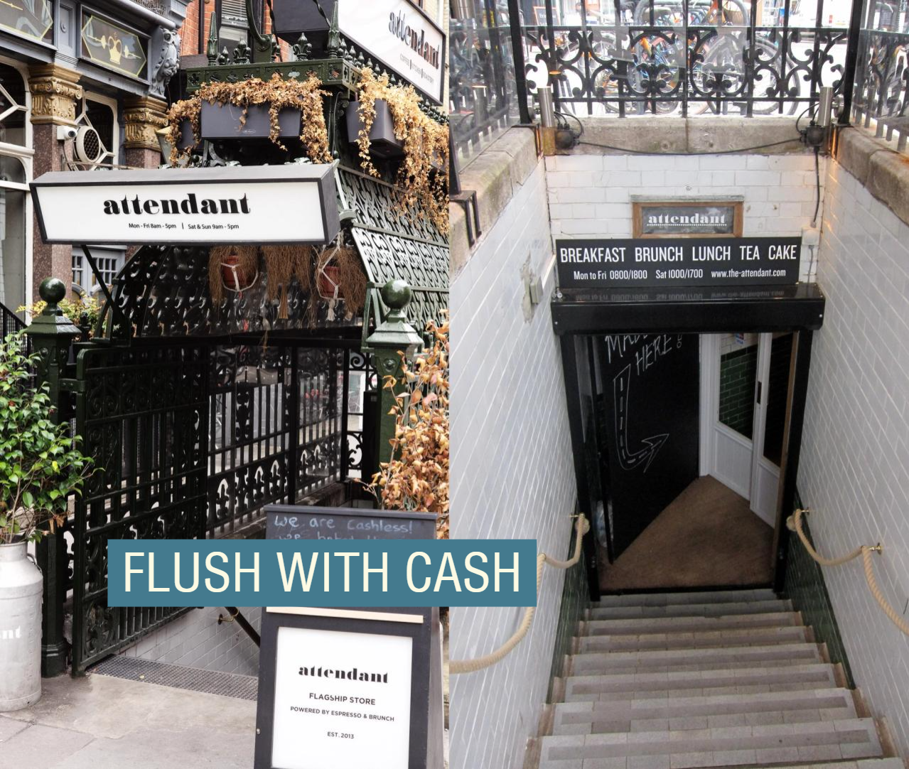 地下楼梯间入口是“Attendant”，这是一家由厕所改建的咖啡馆。