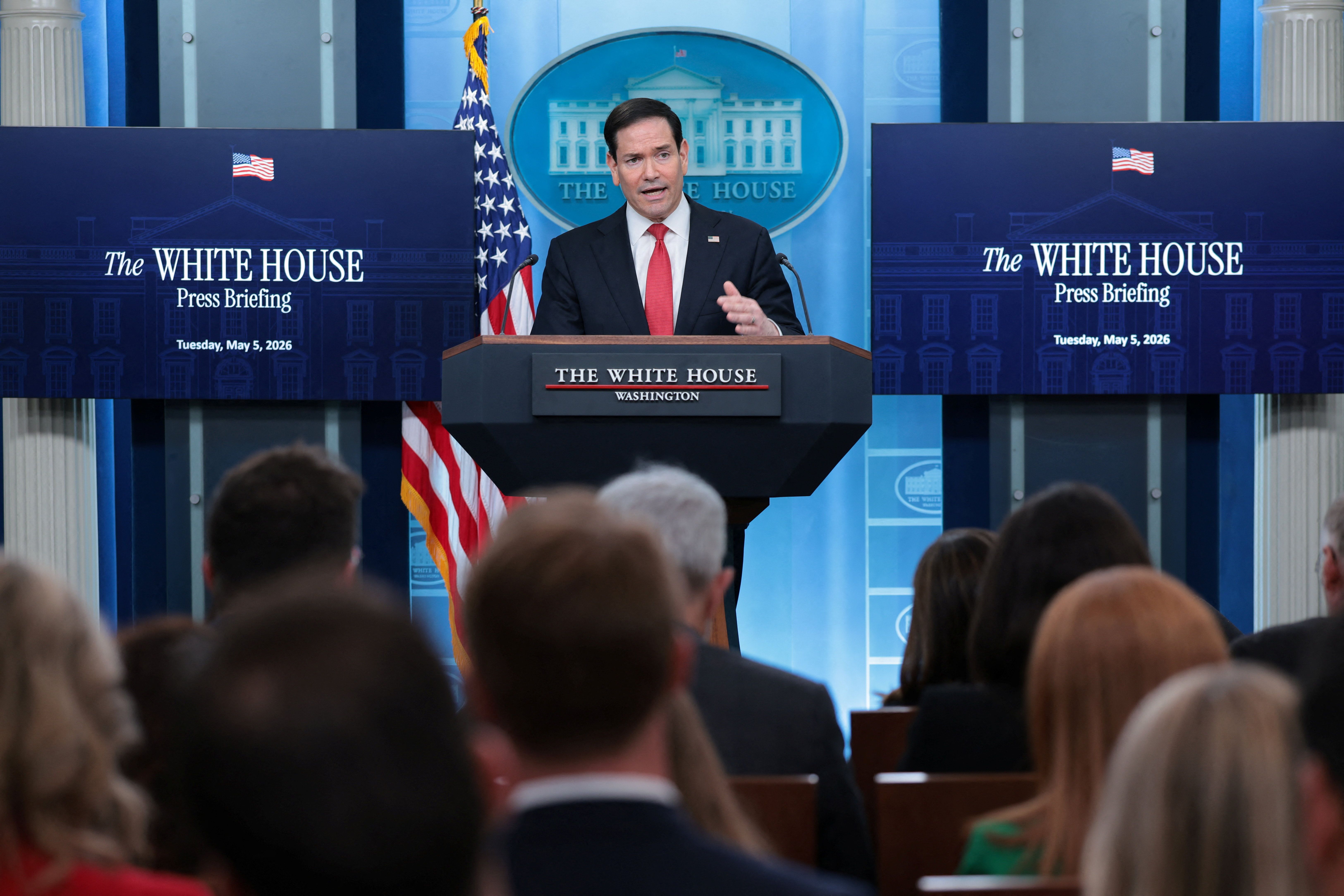 Secretary of State Marco Rubio speaks during a press briefing