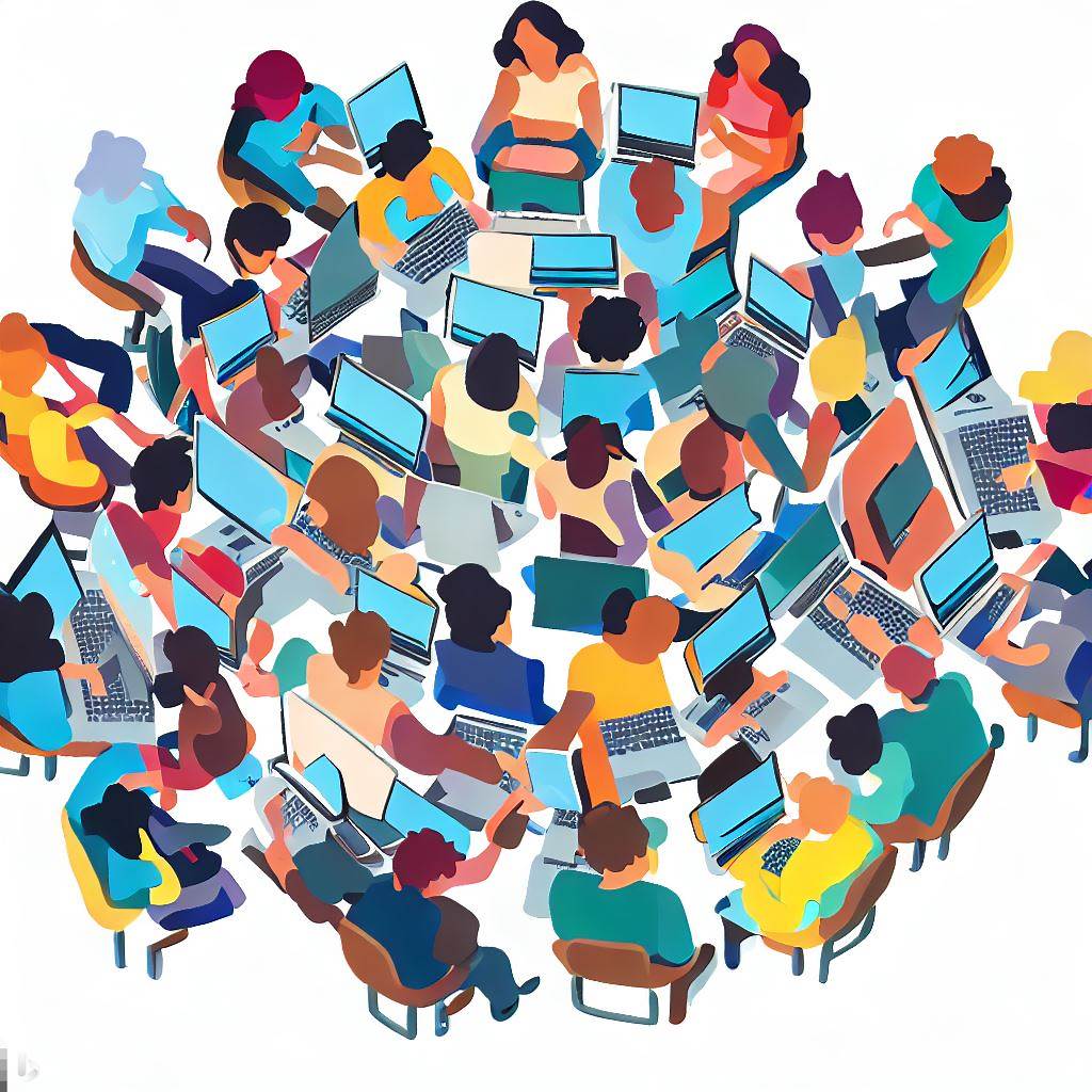 A Bing Image Creator image based on the prompt “A wide angle illustration showing a birds-eye view of dozens of people all using laptops”